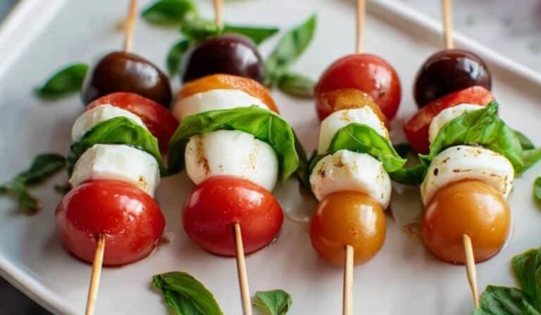 Mini Caprese Skewers with fresh basil, cherry tomatoes, and mozzarella