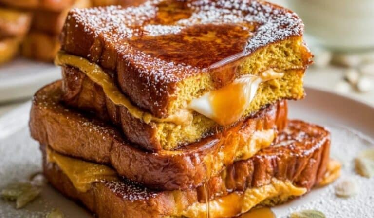 Pumpkin Stuffed French Toast stacked with creamy filling and maple syrup