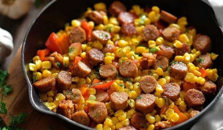 Hearty Sausage and Corn Skillet with peppers in cast iron pan