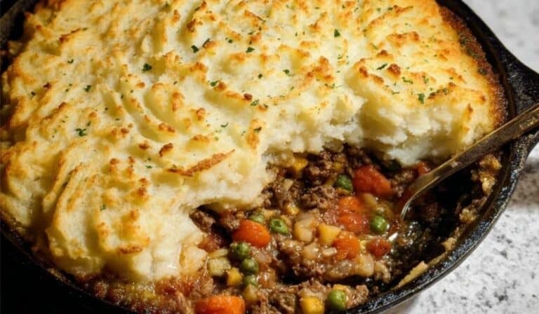 Skillet Shepherd’s Pie with golden mashed potato topping in cast iron skillet