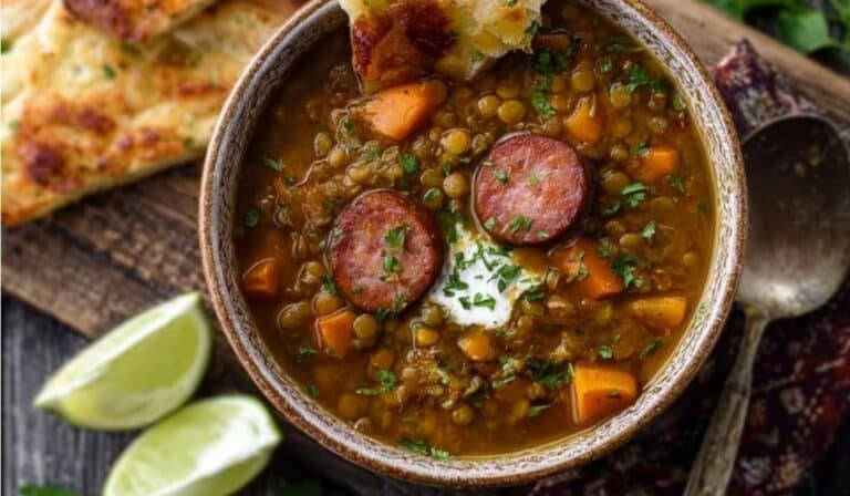 Slow Cooker Lentil Soup with Sausage served in a rustic bowl with naan and lime wedges