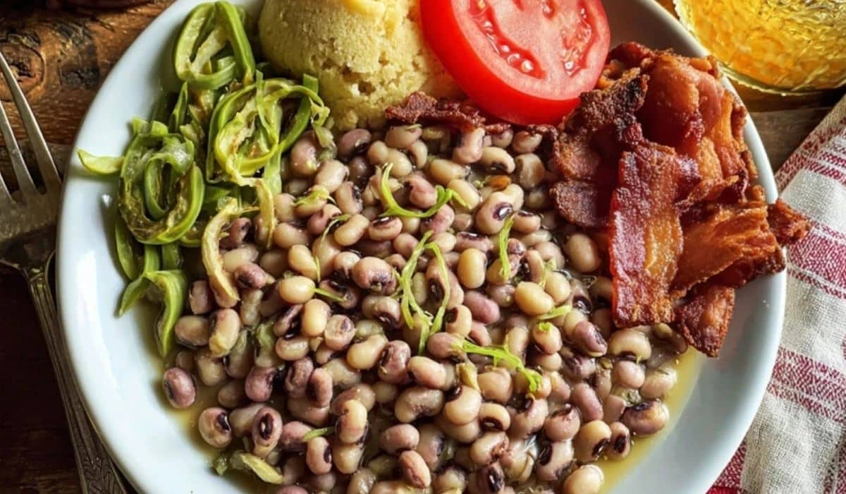 Southern Purple Hull Pea served with bacon, tomato, and cornbread