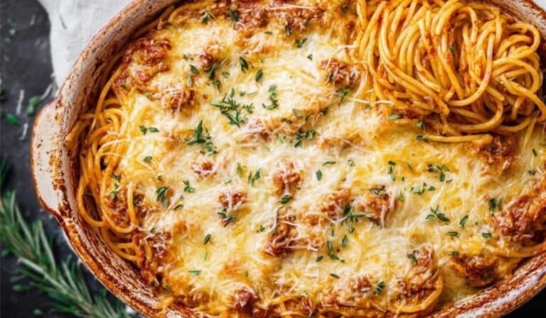 Spaghetti Casserole baked with golden cheese and herbs in a casserole dish