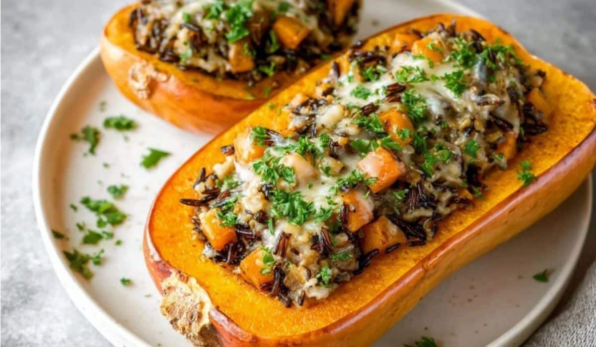 Stuffed Butternut Squash with Wild Rice topped with melted cheese and fresh parsley