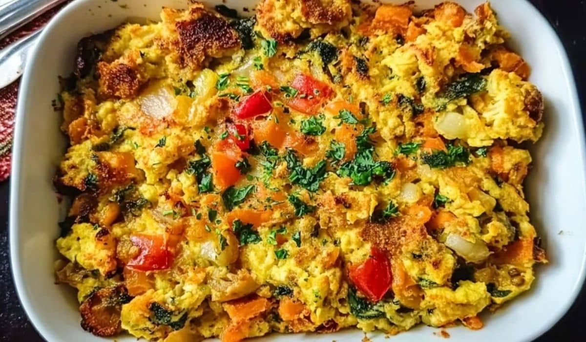Vegan Breakfast Casserole loaded with colorful vegetables and tofu scramble in a white baking dish