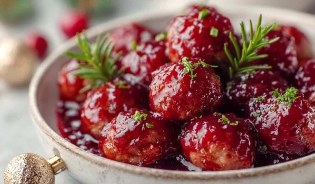 Best Christmas Cranberry Meatballs garnished with rosemary