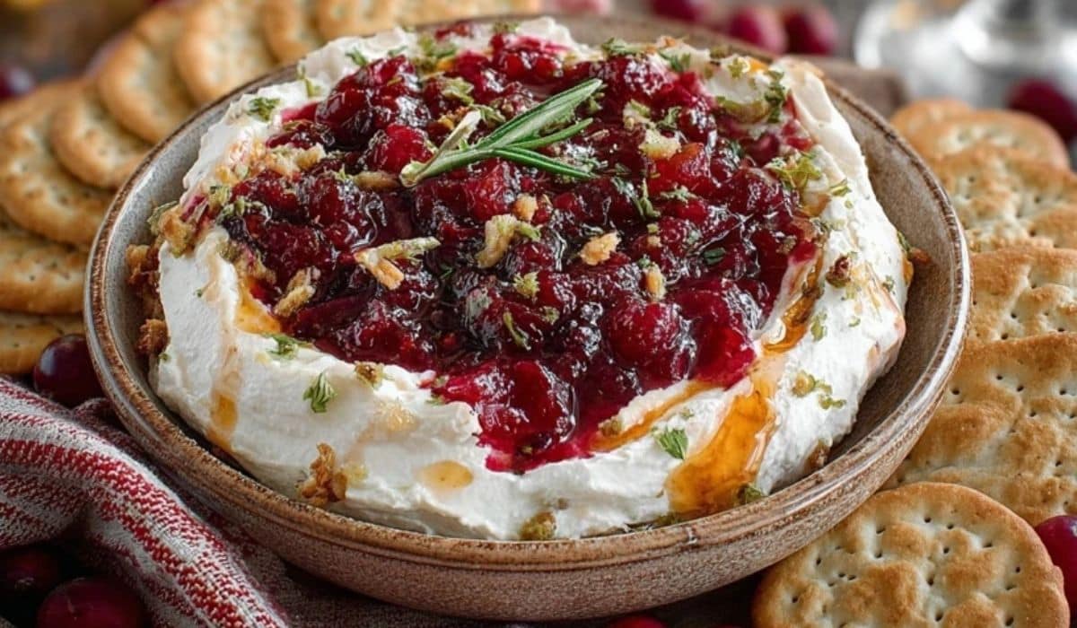 Best Cranberry Whipped Feta Dip served with crispy crackers and rosemary