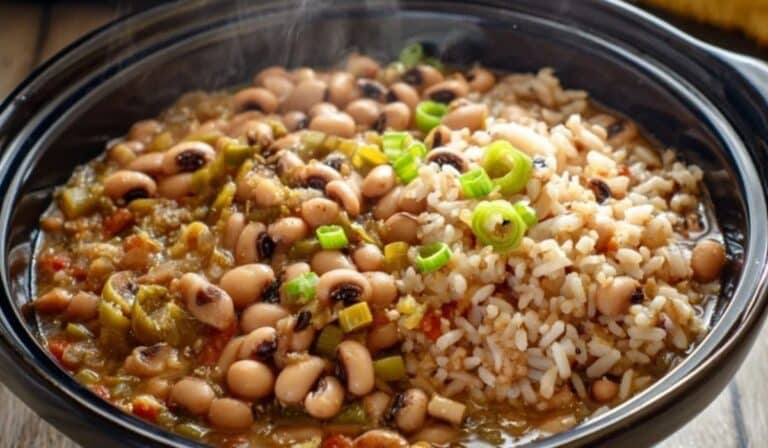 Black Eyed Peas and Rice served hot in a black bowl with green onions