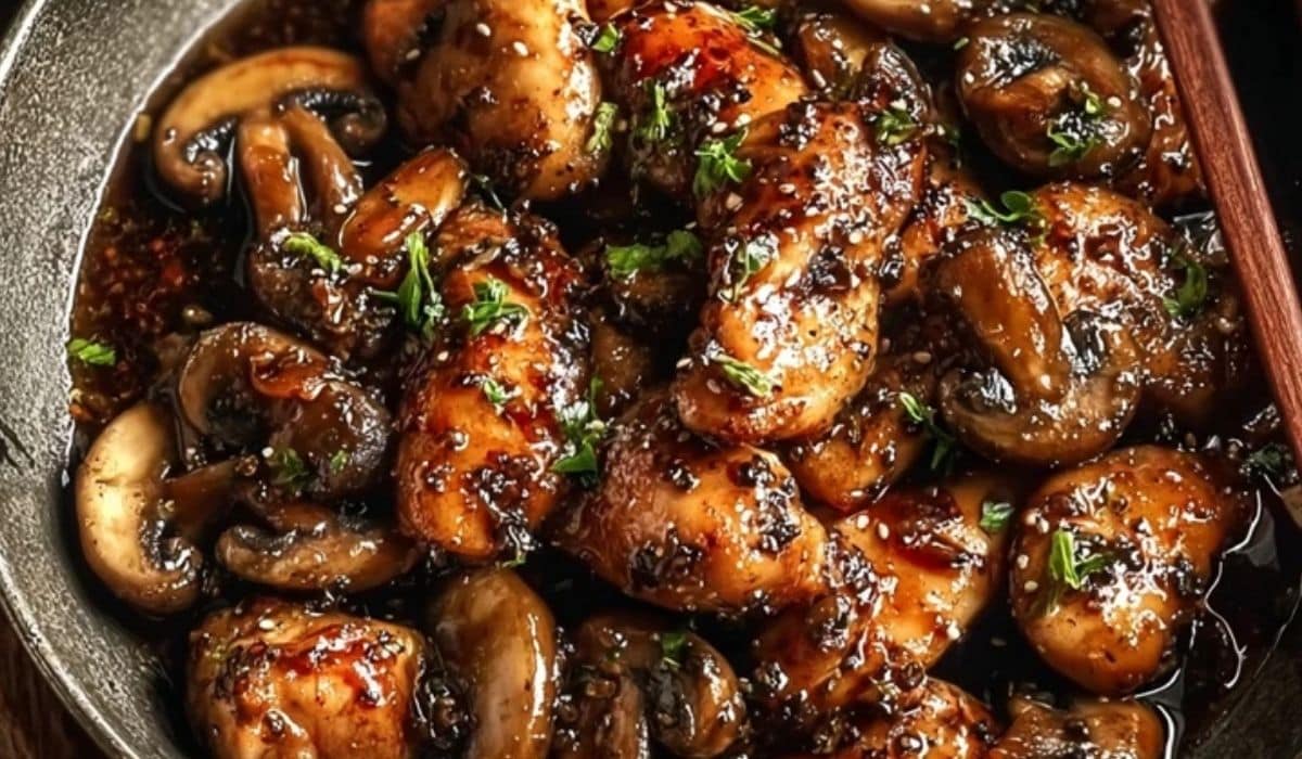 Black Pepper Chicken with Mushrooms served in a skillet