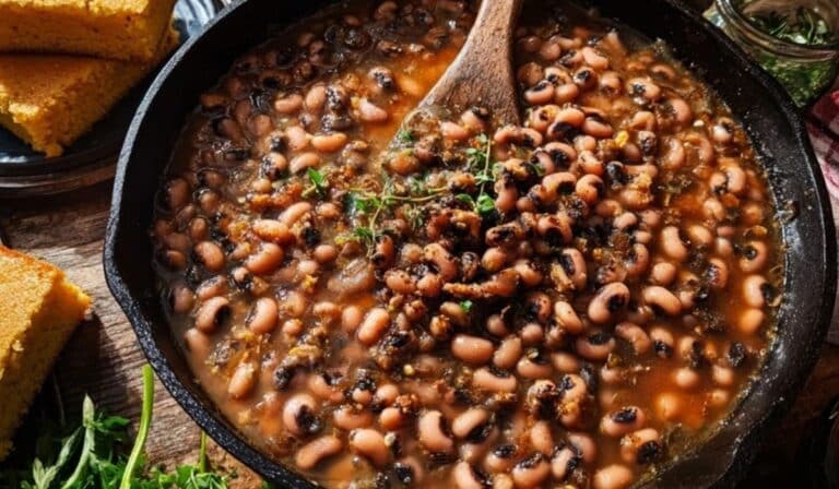Cajun Blackeyed Peas served in a cast iron skillet with cornbread