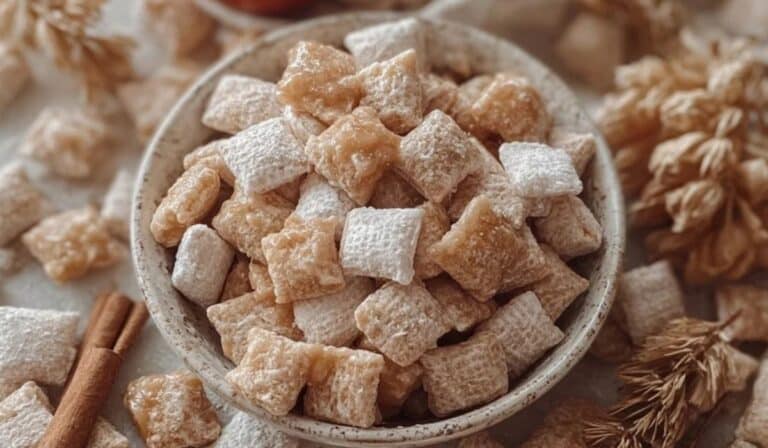 Bowl of Caramel Apple Puppy Chow Delight dusted with powdered sugar