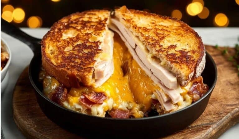 Cheddar and Bacon Turkey Melt on Sourdough in cast iron skillet