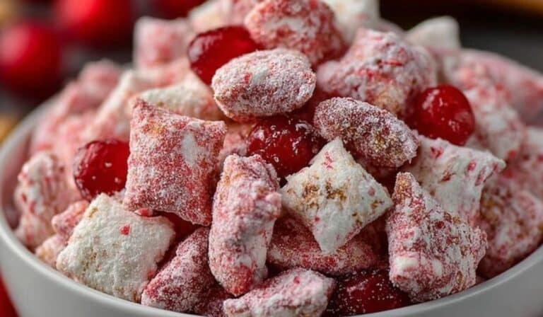 Cherry Cheesecake Puppy Chow in a white bowl dusted with powdered sugar and whole cherries