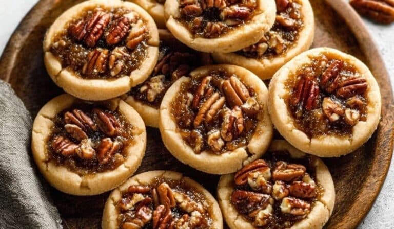 Chewy Pecan Pie Cookies with Caramelized Filling on a rustic wooden plate
