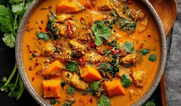 Chicken Sweet Potato Curry in a bowl with fresh cilantro and rich coconut sauce