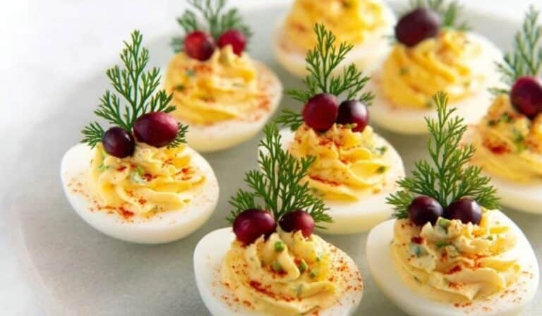 Christmas Deviled Eggs with festive garnish of dill and cranberries