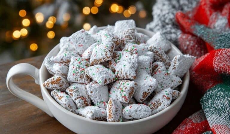 Christmas Puppy Chow in a white mug with powdered sugar and festive sprinkles