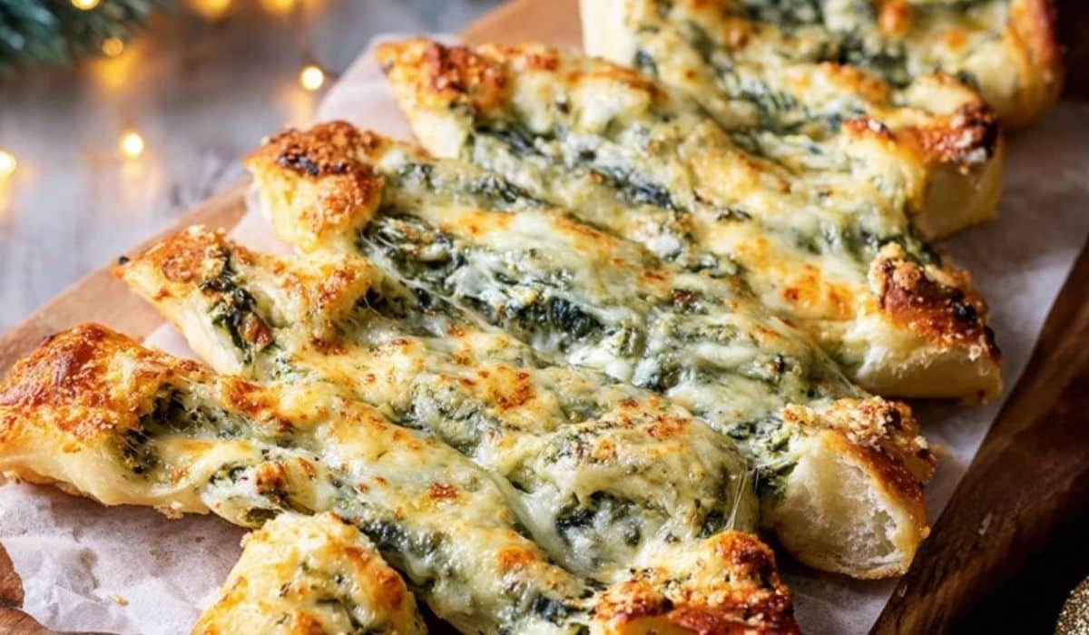 Christmas Tree Spinach Dip Breadsticks with golden cheesy crust