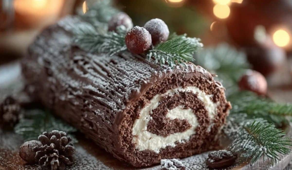 Christmas Yule Log Cake with chocolate ganache and creamy filling
