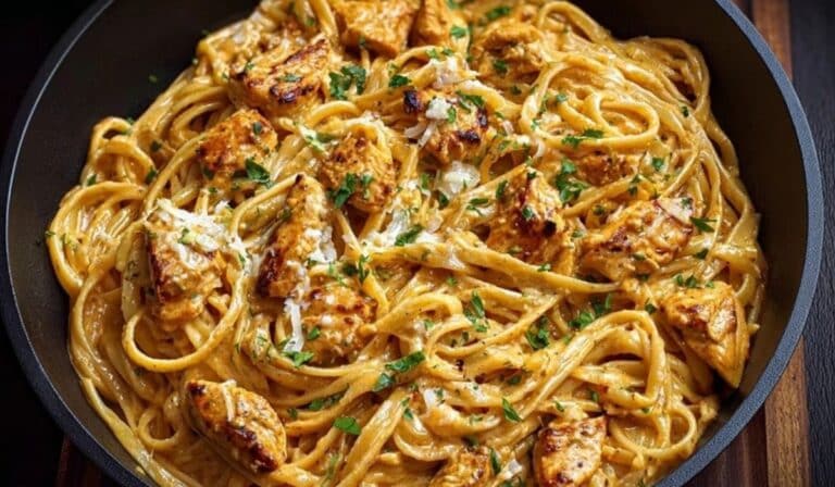 Cowboy Butter Chicken Linguine in skillet with creamy sauce and parsley