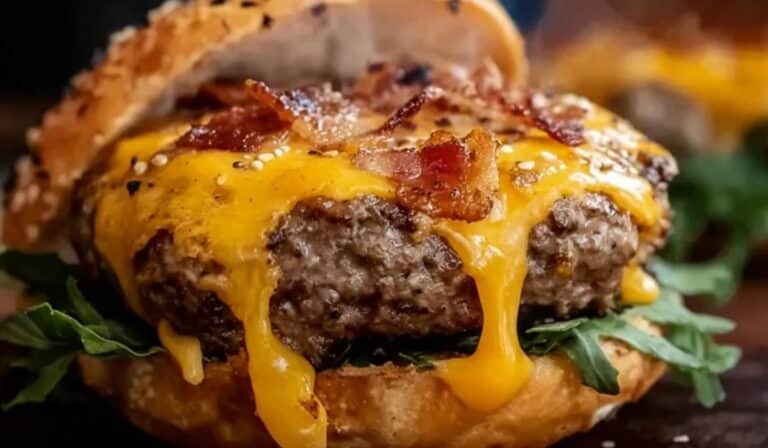 Crack Burgers with melted cheddar and crispy bacon on sesame bun