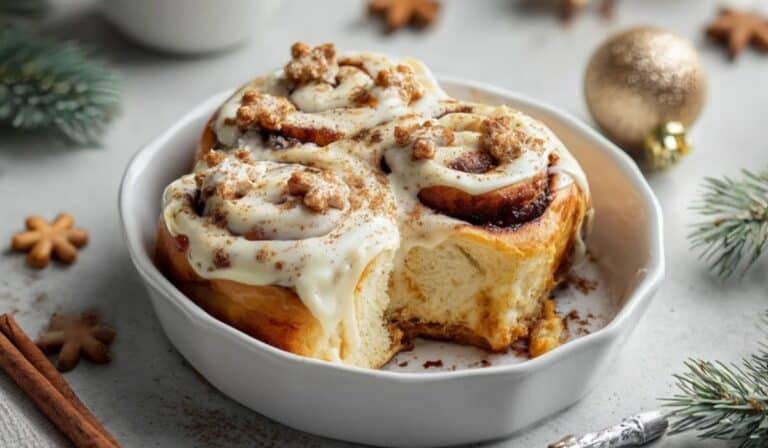 Deliciously Fluffy Gingerbread Cinnamon Roll topped with cream cheese frosting and crumble