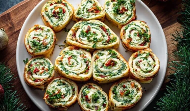 15-minute Christmas Pinwheels arranged on a festive white plate