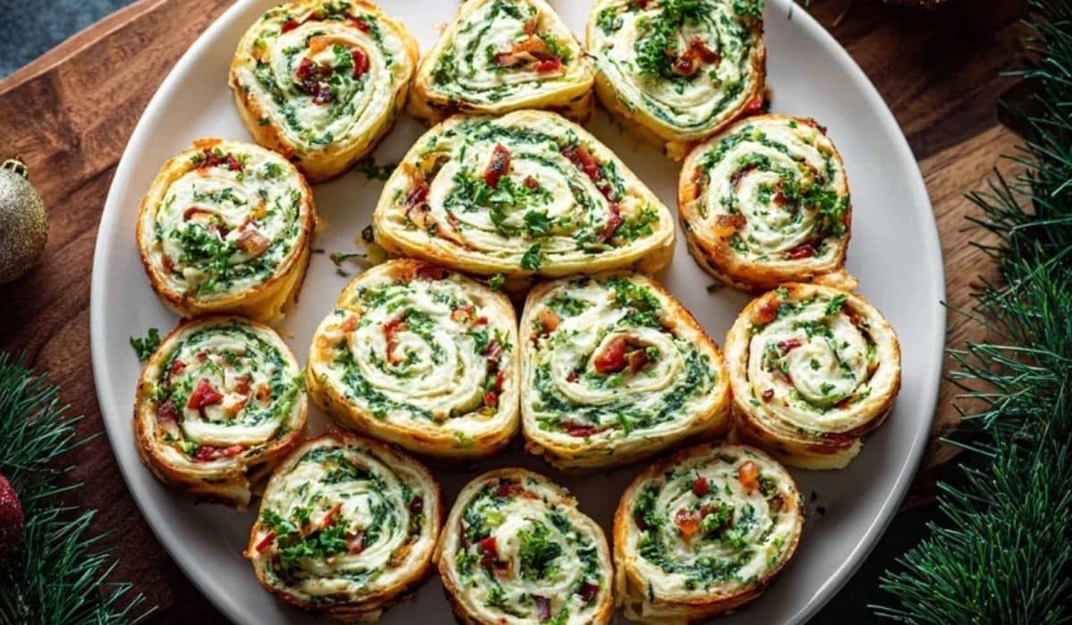 15-minute Christmas Pinwheels arranged on a festive white plate