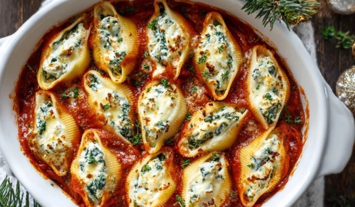 Best Christmas Stuffed Shells Recipe served in a white holiday baking dish