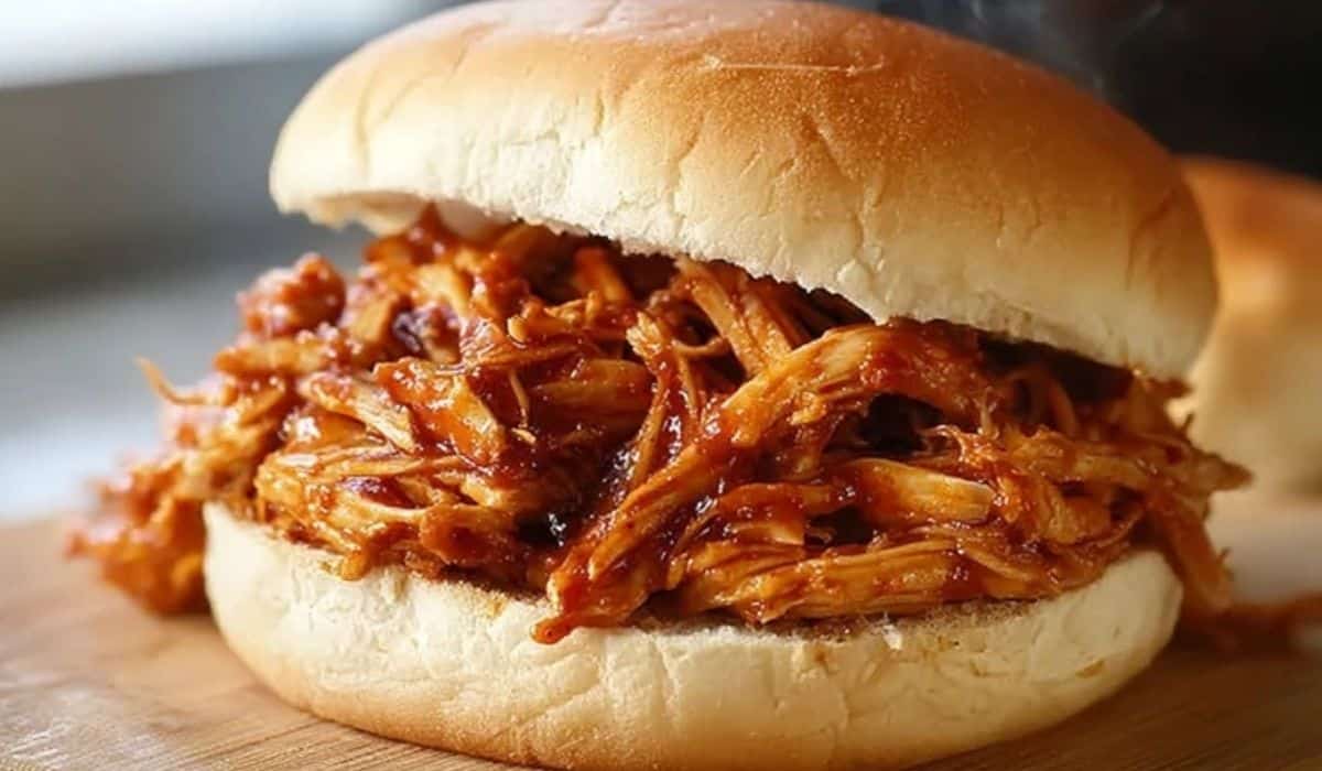 Best Crockpot BBQ Chicken sandwich on wooden board with steam rising