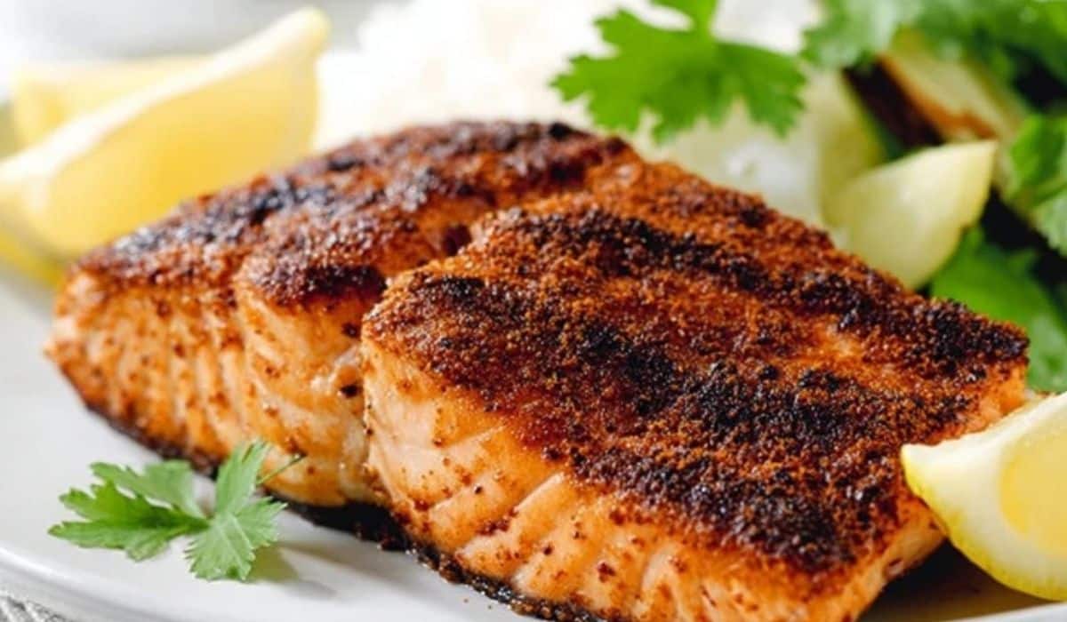 Cajun Blackened Salmon fillets served with lemon, rice, and herbs