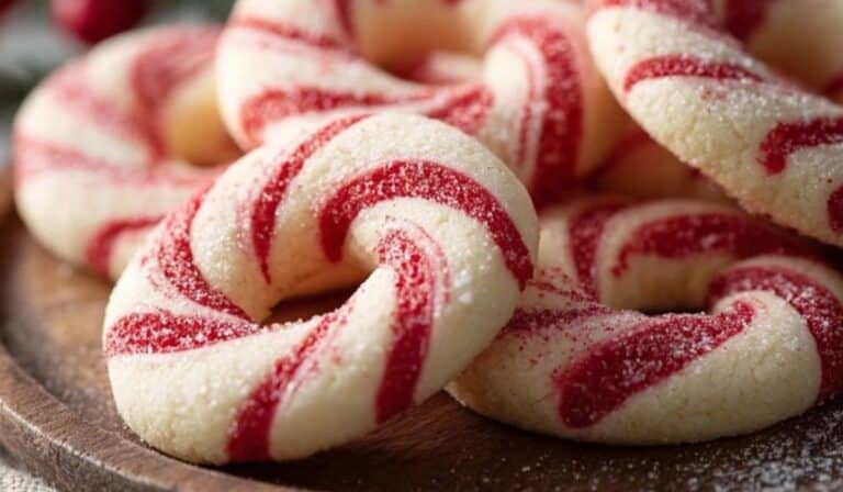 Featured Candy Cane Cookies arranged on a wooden plate