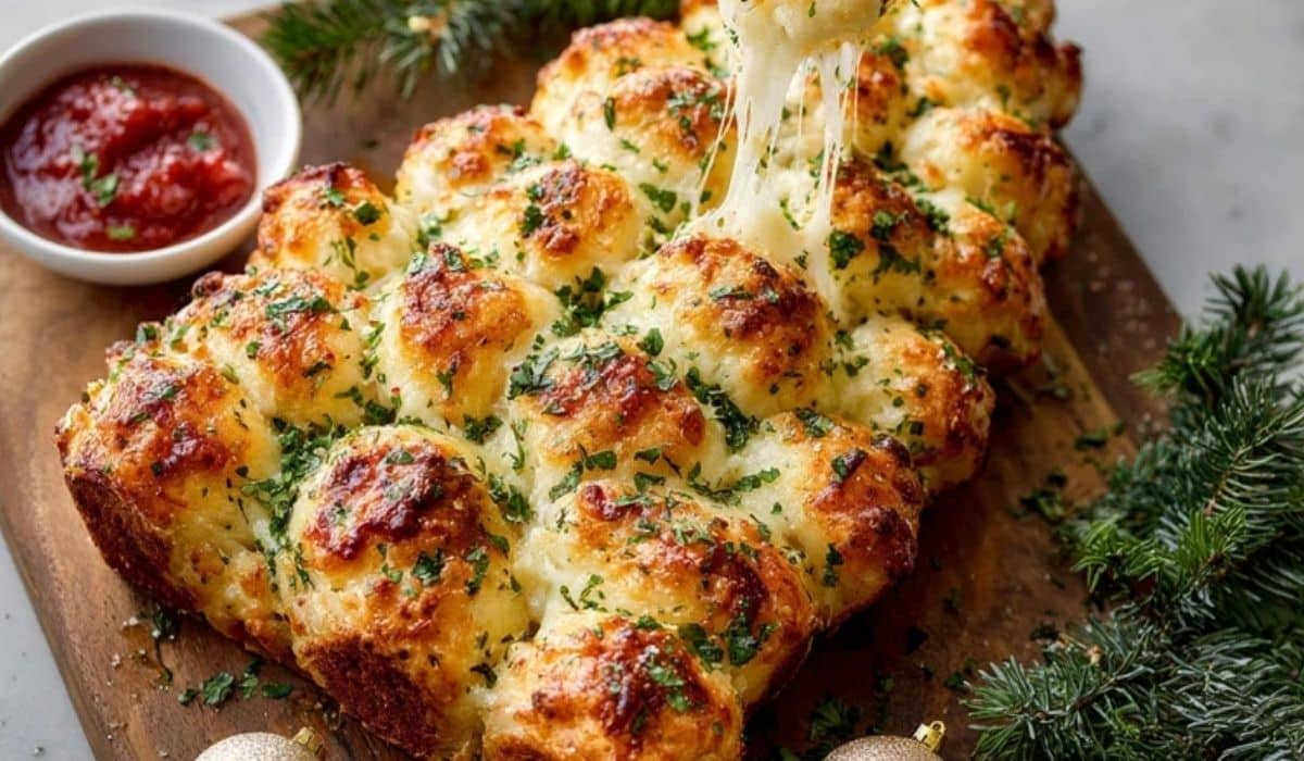 Cheesy Pull-Apart Christmas Tree Bread golden baked with melted cheese on a festive wooden board