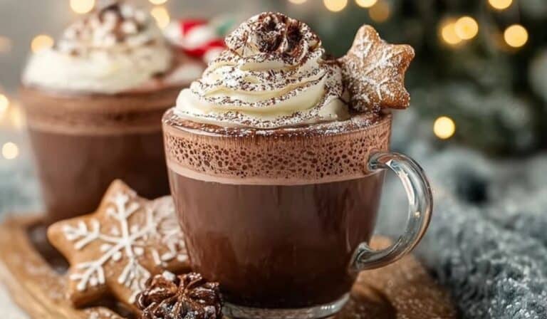 Christmas Chocolate Hot Cups with whipped cream and gingerbread cookie