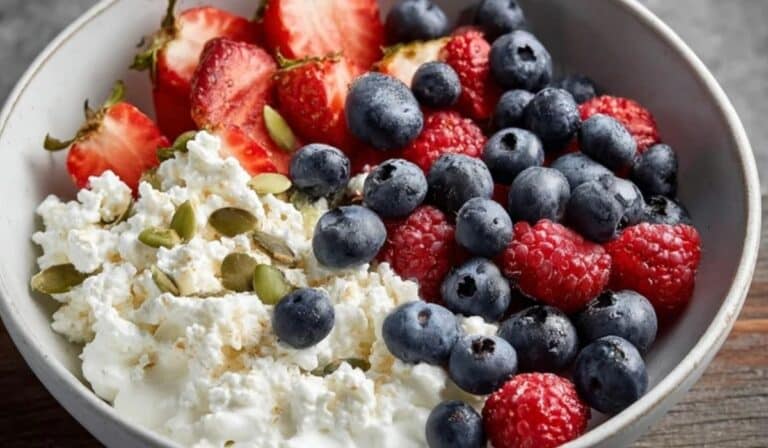 Cottage Cheese Berry Bowl with strawberries, blueberries, and pumpkin seeds in a white bowl