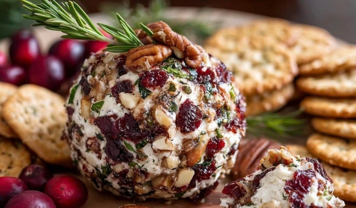 Cranberry Pecan Goat Cheese Ball on a wooden board with crackers