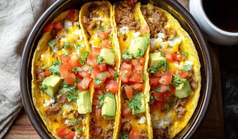 Crockpot Breakfast Tacos with avocado, tomatoes, and sausage in a bowl