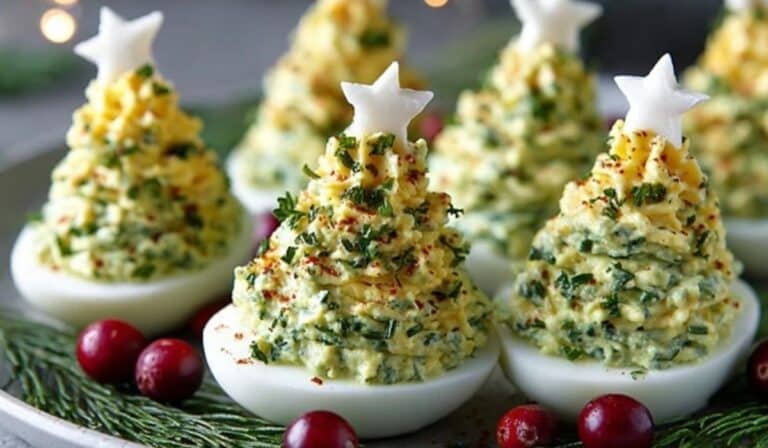Deviled Egg Christmas Trees styled with herbs, stars, and cranberries