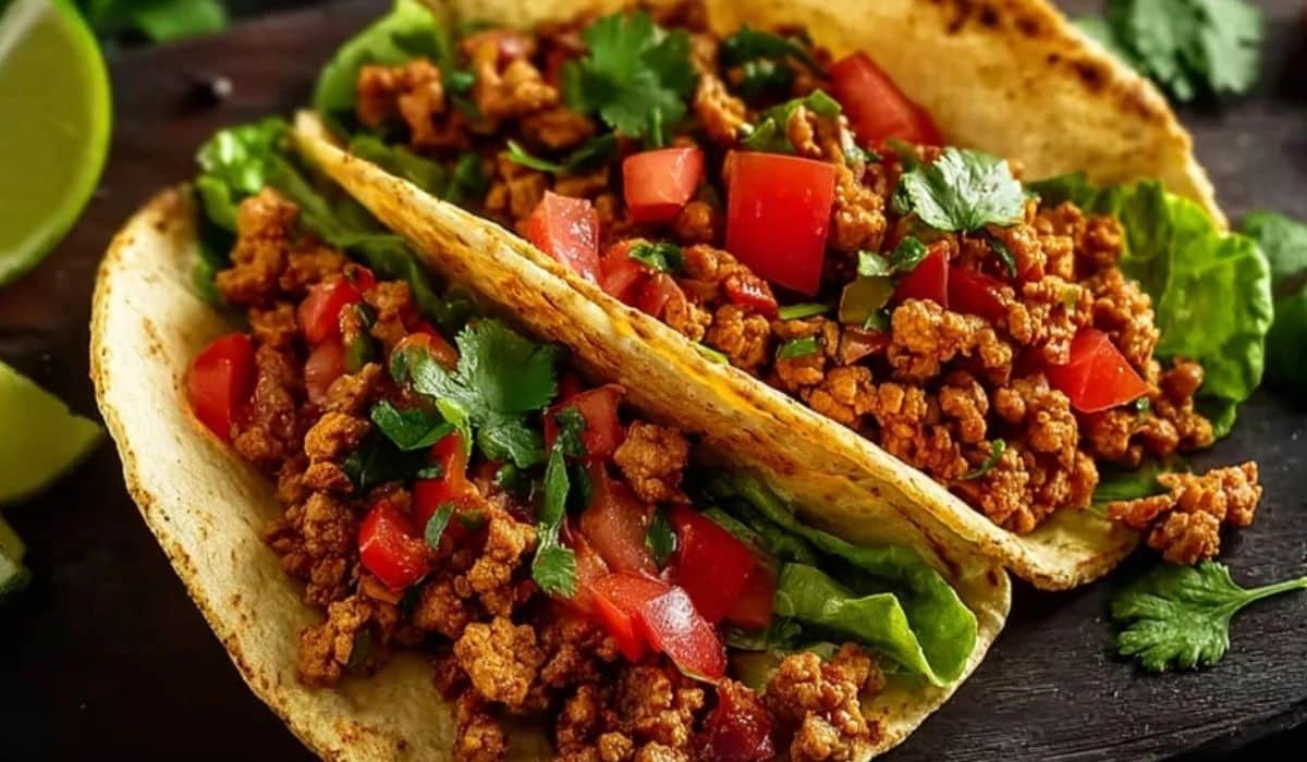 Healthy Ground Turkey Tacos with diced tomatoes, fresh cilantro, and soft tortillas