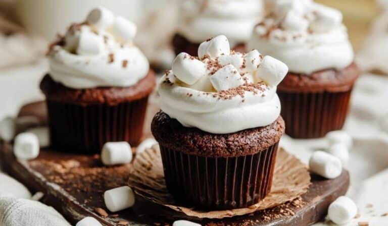 Hot Cocoa Cupcakes with Marshmallow Frosting topped with mini marshmallows