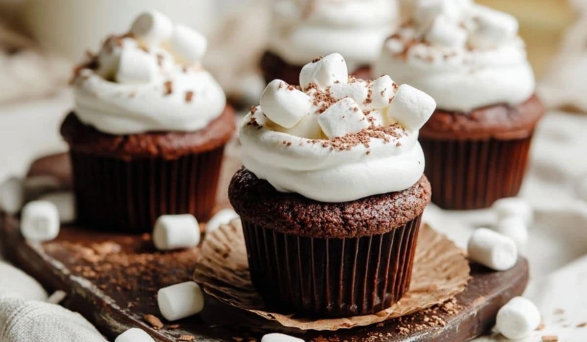 Hot Cocoa Cupcakes with Marshmallow Frosting topped with mini marshmallows