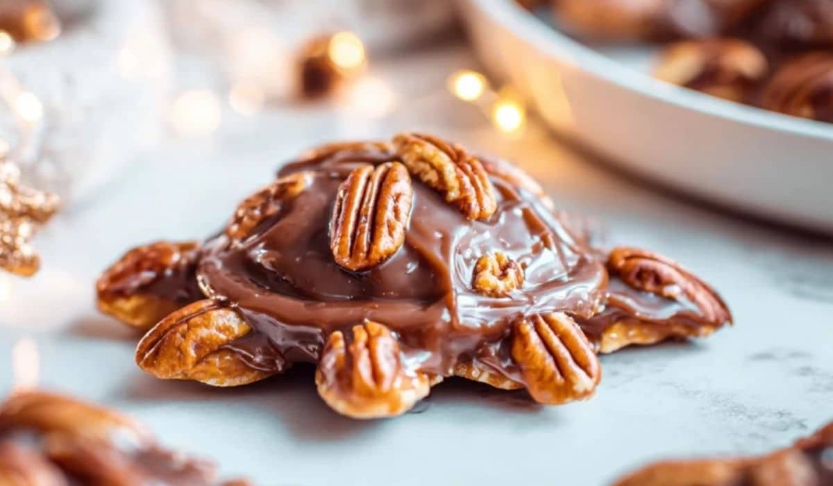 Irresistible Homemade Turtle Candy with pecans and melted chocolate on marble