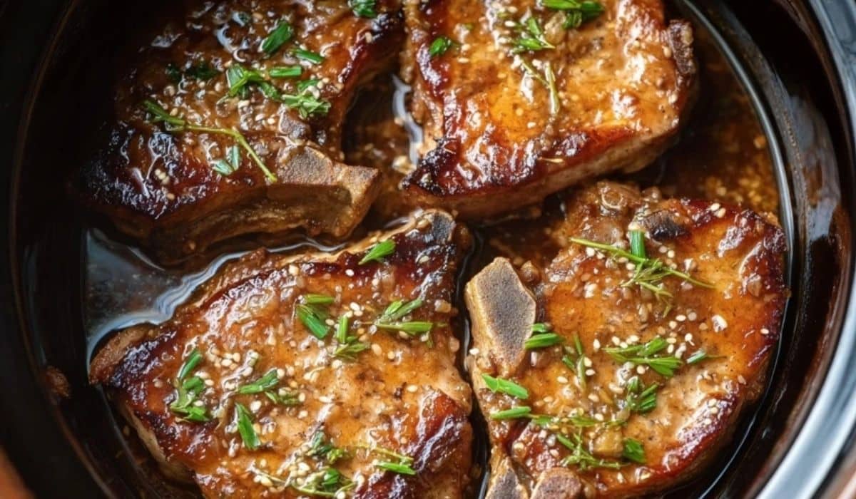 Mouthwatering Slow Cooker Pork Chops with sesame glaze and fresh herbs in crockpot