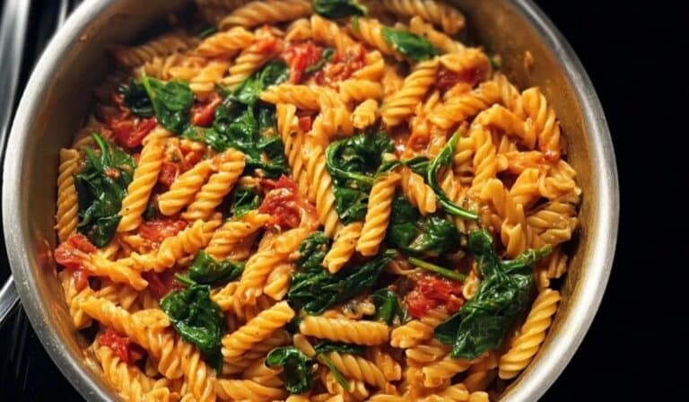 One-Pot Spinach Tomato Pasta in a skillet with fusilli and fresh spinach