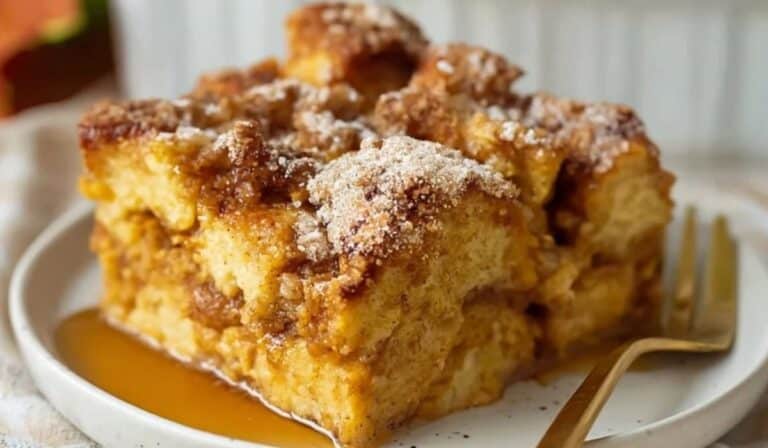Pumpkin French Toast Casserole slice topped with powdered sugar and maple syrup