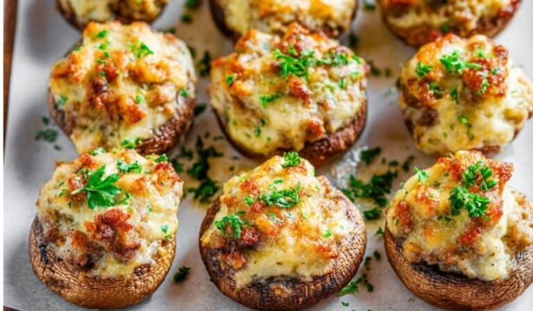 Sausage and Cream Cheese Stuffed Mushrooms baked golden with parsley garnish