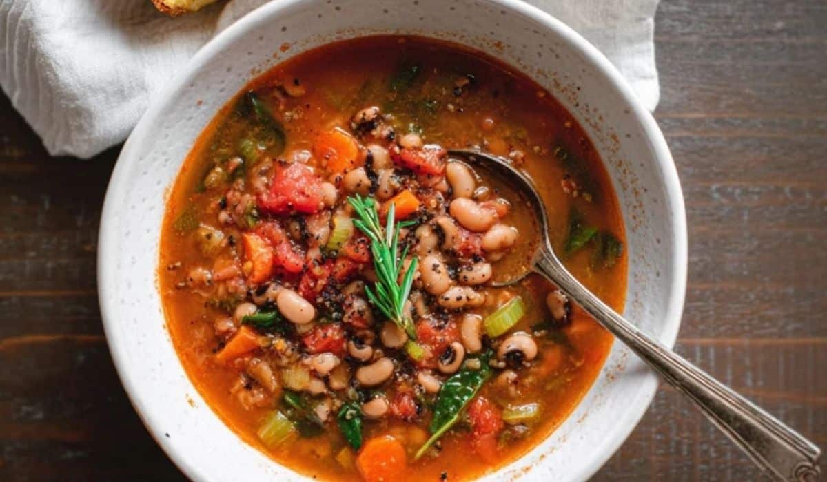 Smoky Black Eyed Pea Soup served in a white bowl with rosemary and vegetables