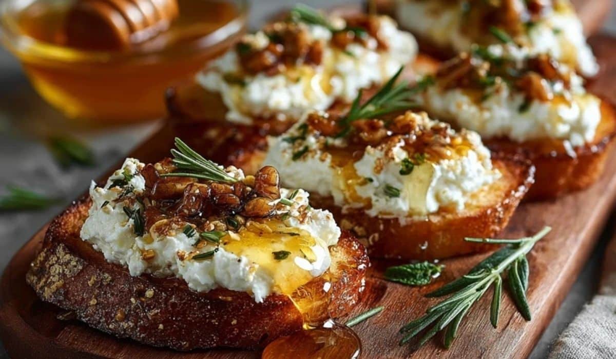 Spicy Honey Drizzled Feta Crostini Delight topped with herbs and hot honey
