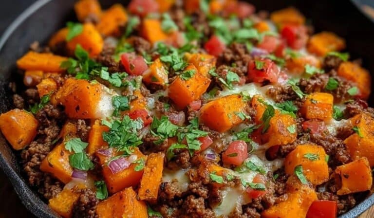 Tex-Mex Sweet Potato Hash with Ground Beef in a skillet