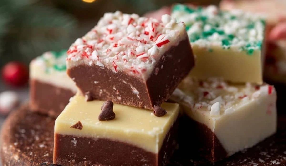 The Best Christmas Fudge Recipe topped with crushed peppermint and layered chocolate